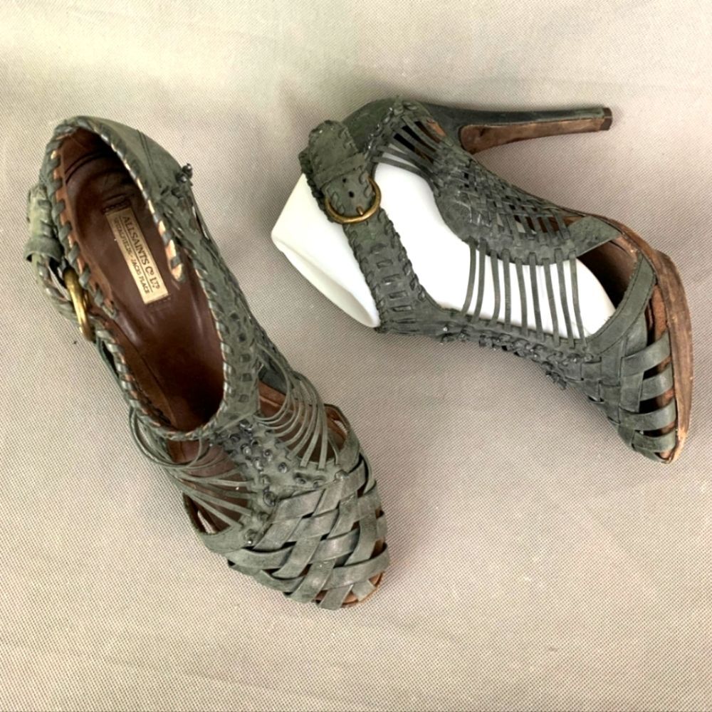 All Saints Tain Woven Leather Caged Stiletto Platform Heels Sandals, Sz 36 / 5.5
